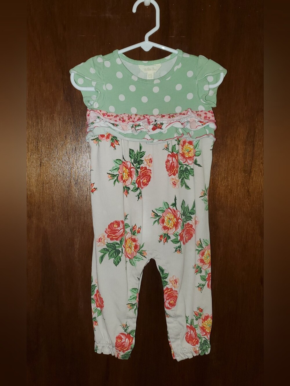 Matilda Jane Mint Polka Dot & Floral Ruffle Smocked Romper Sz 6-12 Months